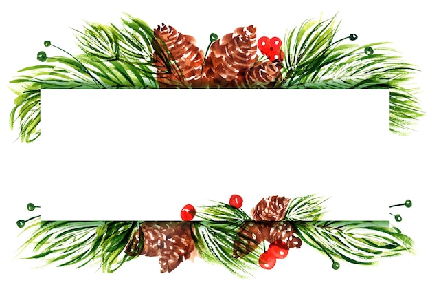 Cadre Aquarelle Avec Espace De Texte Pour De Jolies Salutations Et Invitations De Noël Et Du Nouvel An. Composition Florale De Noël Avec Des Pommes De Pin Et Des Branches.