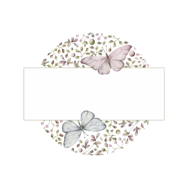 cadre rectangle avec fleurs et papillons. illustration aquarelle