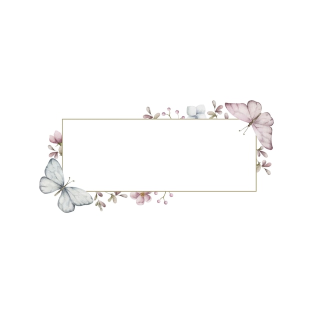 Cadre aquarelle rectangle avec fleurs et papillons Cadre horizontal peint à la main