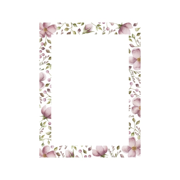 Cadre aquarelle rectangle de fleurs roses Cadre peint à la main avec des fleurs et des brins d'herbe