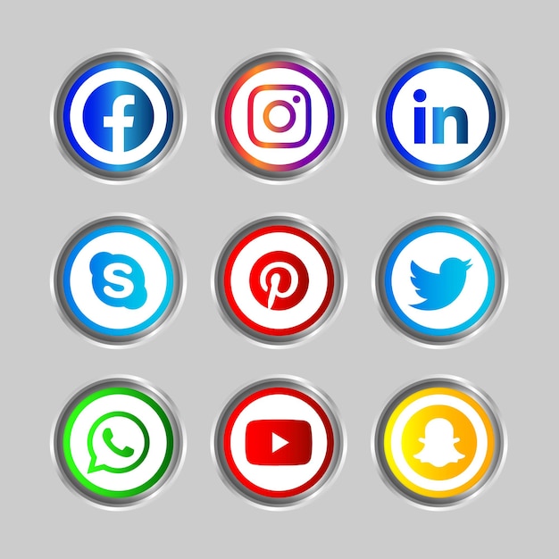 Cadre Argenté Brillant Bouton D'icône De Médias Sociaux De Facebook Instagram Linkedin Skype Pinterest Twitter Whatsapp Youtube Et Snapchat Avec Effet De Dégradé Pour Une Utilisation En Ligne De L'ux Ui