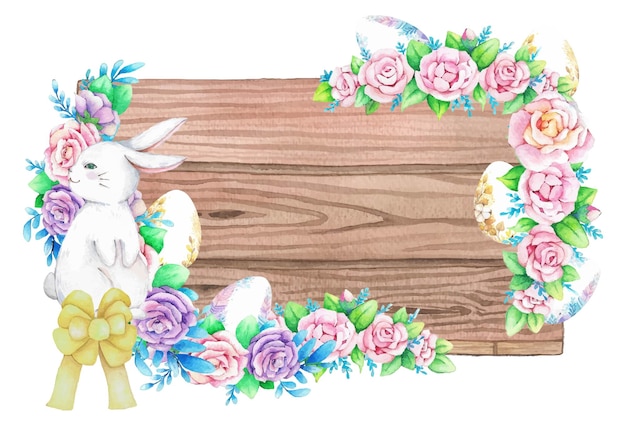 Cadre en bois aquarelle avec décoration de Pâques de printemps Illustration vectoriellexA