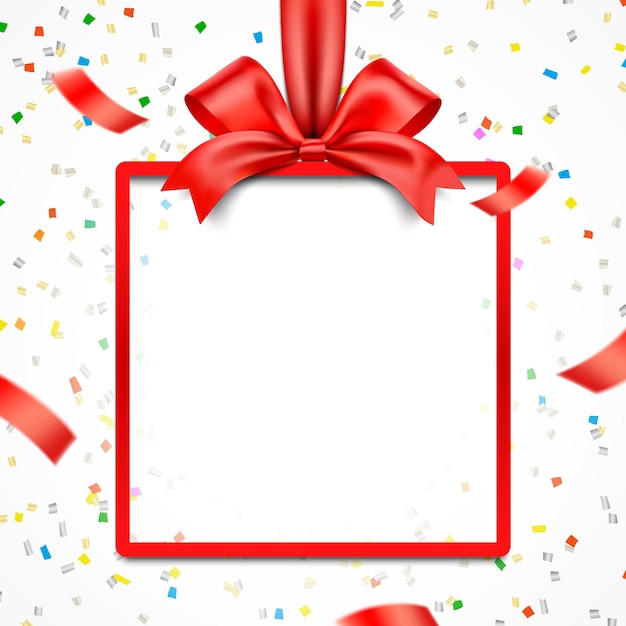 Cadre De Boîte-cadeau Rouge Avec Ruban De Satin Et Conception De Vecteur De Carte-cadeau De Confettis éclatés