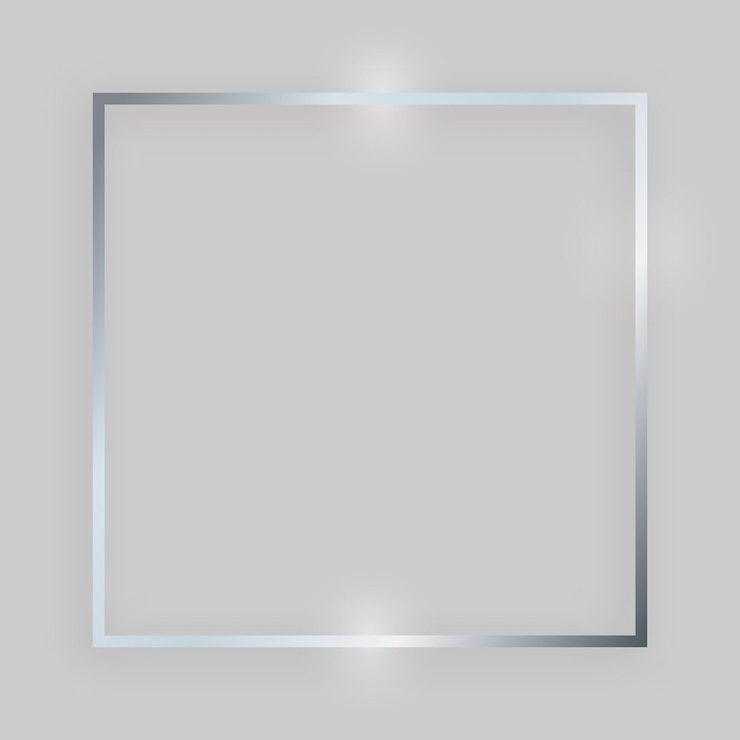 Vecteur cadre brillant avec des effets lumineux. cadre carré argenté avec ombre sur fond gris. illustration vectorielle