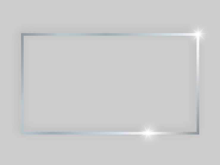 Vecteur cadre brillant avec des effets lumineux. cadre rectangulaire argenté avec ombre sur fond gris. illustration vectorielle