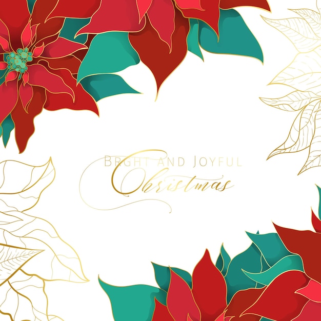 Cadre Carré Blanc De Poinsettia De Noël Dans Un Style Luxueux Et élégant. Feuilles De Soie Rouges Et Vertes Avec Ligne Dorée