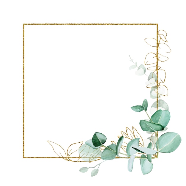 cadre carré doré vintage avec feuilles d'eucalyptus cadre brillant rectangulaire avec eucalyptus aquarelle