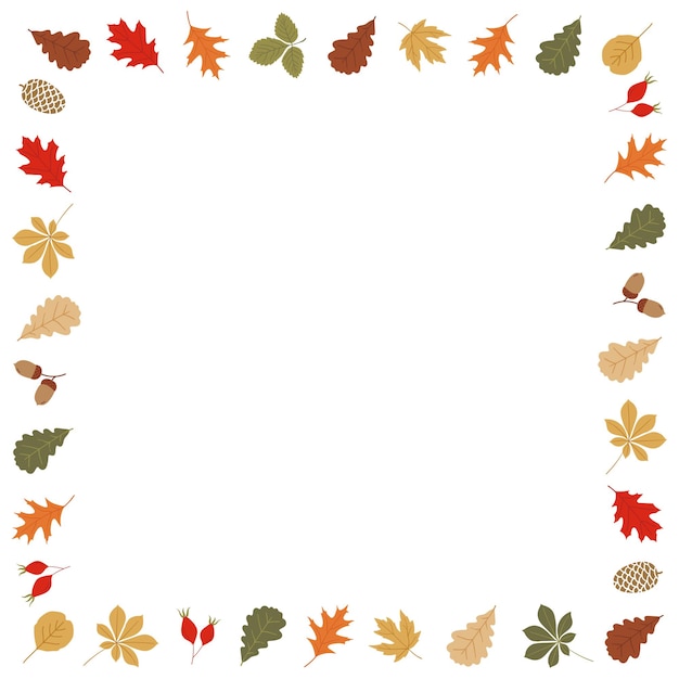 Cadre carré de feuille vectorielle d'automne en couleurs rouge vert jaune et brun sur fond blanc