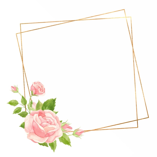 Vecteur cadre carré avec roses roses et cadre géométrique doré floral