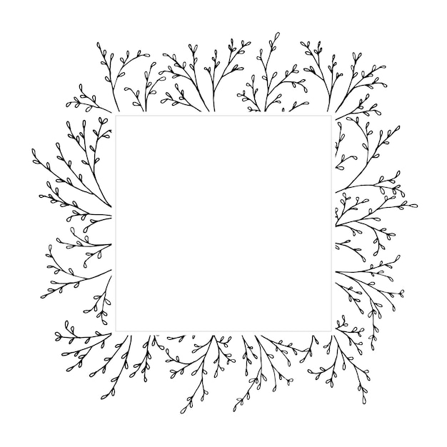 Cadre carré de vecteur avec des brindilles et des feuilles illustration en noir et blanc à la main