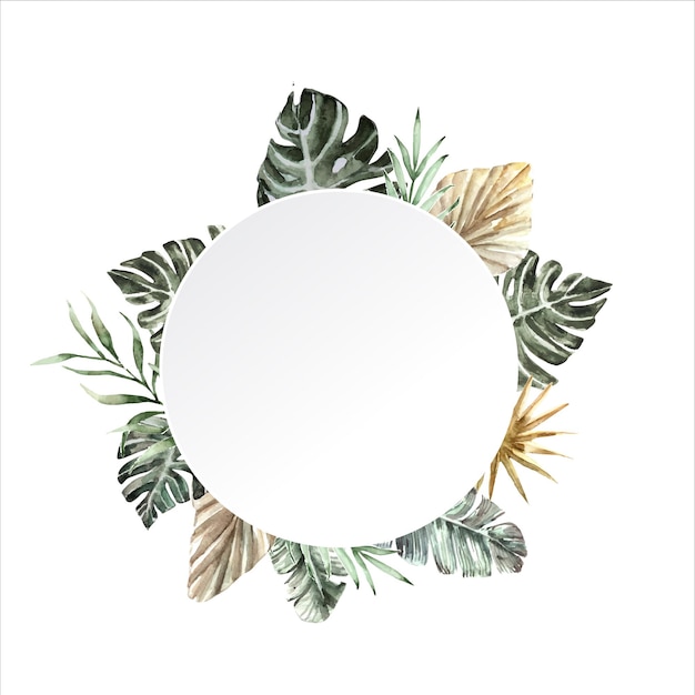 Cadre de cercle aquarelle feuilles tropicales vector illustration