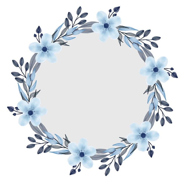 cadre de cercle de couronne bleue avec une fleur bleue et une bordure de feuille grise