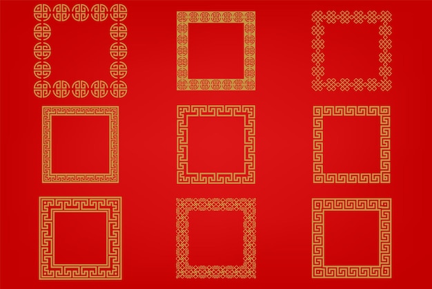 Vecteur cadre chinois ou bordure sur fond rouge ornement traditionnel asiatique doré oriental