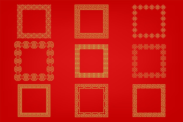 Vecteur cadre chinois ou bordure sur fond rouge ornement traditionnel asiatique doré oriental