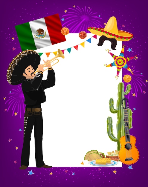 Vecteur cadre cinco de mayo avec personnage de musicien mexicain mariachi en sombrero et costume national jouant de la trompette. tacos de nourriture latino, maïs et guacamole, cactus, guitare. bordure de dessin animé cinco de mayo