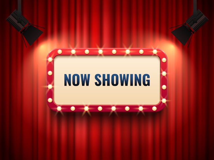 Vecteur cadre de cinéma ou de théâtre rétro éclairé par des projecteurs.