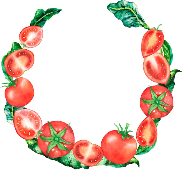 cadre circulaire tomate et feuilles vertes