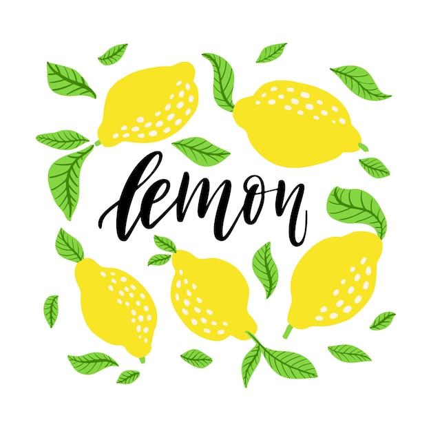 Cadre De Citrons Et Lettrage De Limonade. Logo Et Signe De Limonade Maison Avec Cadre Floral De Citron Et De Feuilles En Style Cartoon. Illustration Vectorielle Isolée Sur Fond Blanc.