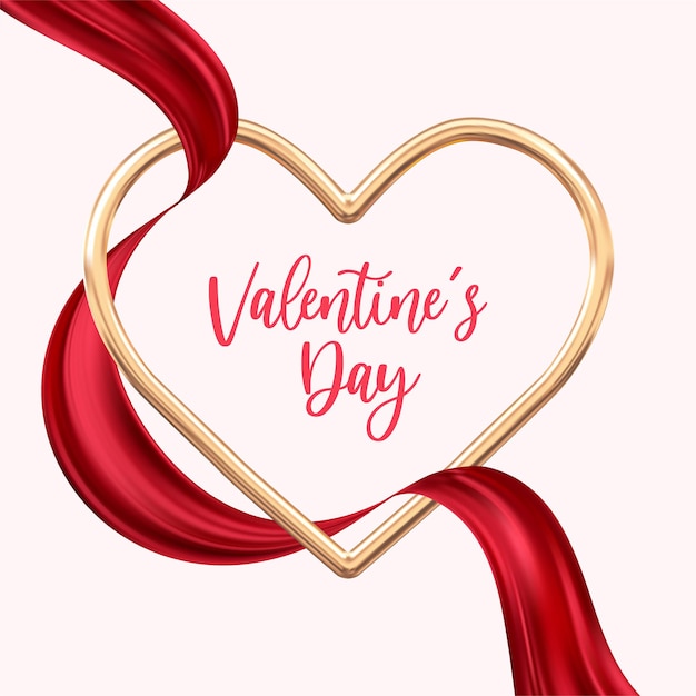 Cadre coeur doré avec ruban rouge élégant fond romantique et amour Saint Valentin vacances
