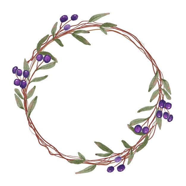 Cadre de couronne de fruits bleu aquarelle avec espace de copie pour le texte isolé sur fond blanc