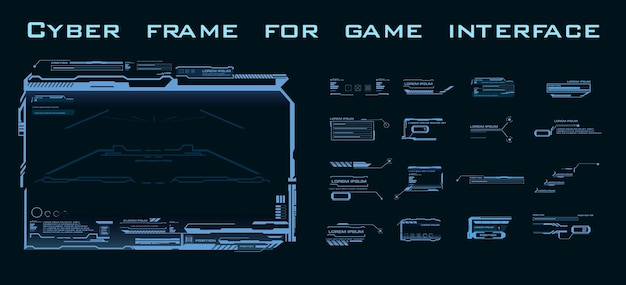 Cadre Cybernétique Pour L'interface De Jeu Définir Des Blocs De Cadres Carrés Et Des Légendes Avec Du Texte Interface Utilisateur Hud Futuriste Moderne Fenêtre D'hologramme Numérique à écran De Haute Technologie