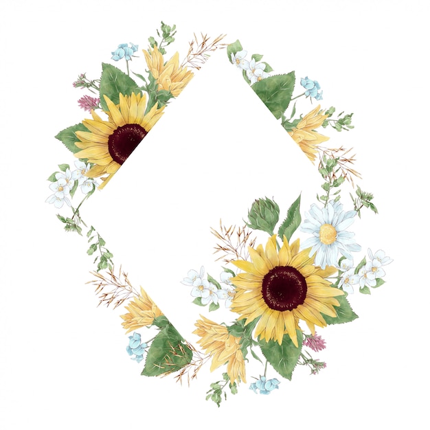 Cadre Dans Un Style Aquarelle Numérique De Tournesols Et De Marguerites