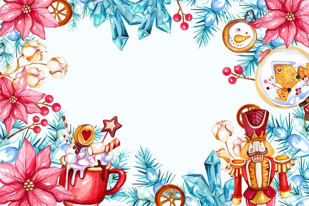 Cadre Décoratif Aquarelle Arbre De Noël Avec Poinsettia Et Casse-noisette