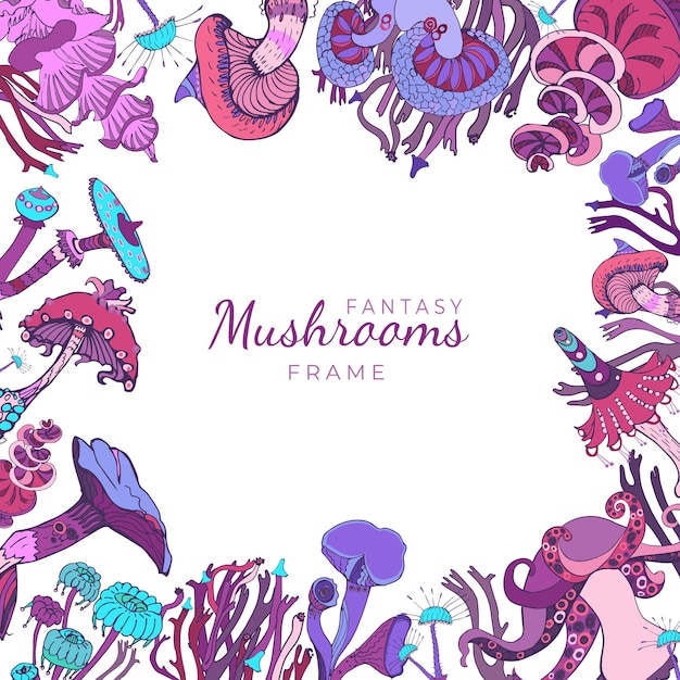 Cadre Décoratif Fantastique Avec Des Champignons Magiques De Différentes Formes Sur Fond Blanc. Beau Paysage Magique, Concept Dessiné à La Main. Illustration Vectorielle.