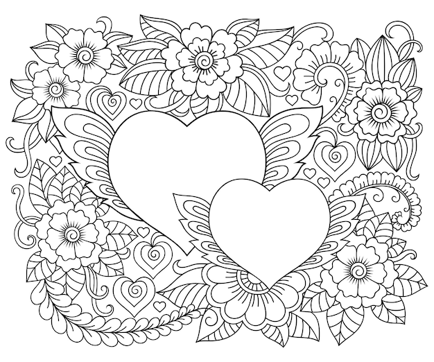 Vecteur cadre décoratif avec motif floral en four de cœur dans le style mehndi page de livre à colorier antistress ornement de doodle en noir et blanc outline illustration vectorielle dessinée à la main