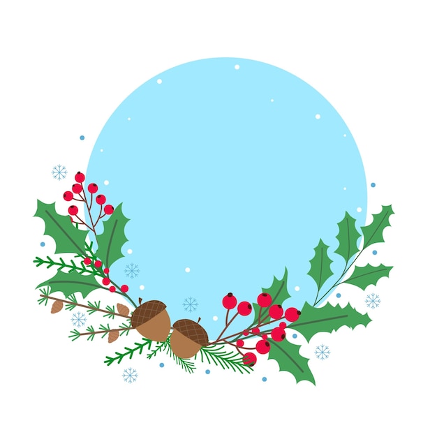 Cadre Décoratif De Noël Avec Différentes Plantes D'hiver Modèle De Conception De Cadre Bleu Rond Illustration Vectorielle Isolée Sur Fond Blanc