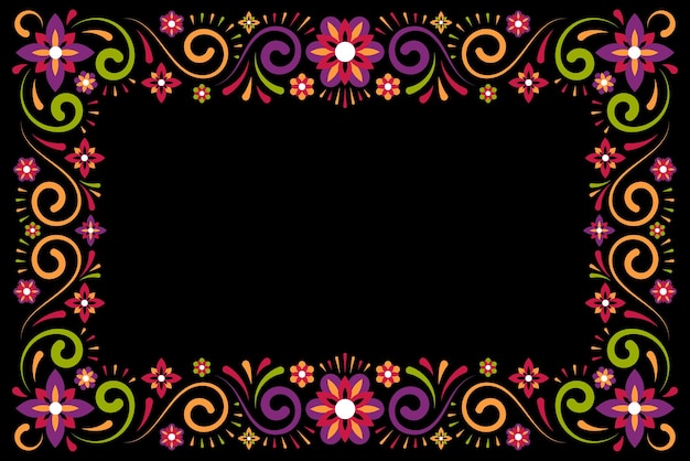 Cadre décoratif d'ornement floral mexicain sur fond noir