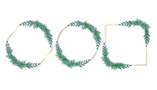 Cadre doré avec branches d'épinette de Noël et feuilles bleues