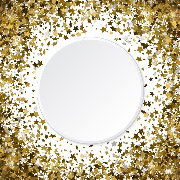 Vecteur cadre doré rond ou bordure d'étoiles dorées 3d à dispersion aléatoire sur fond blanc. élément de design pour bannière festive, anniversaire et carte de voeux, carte postale, invitation de mariage. illustration vectorielle.