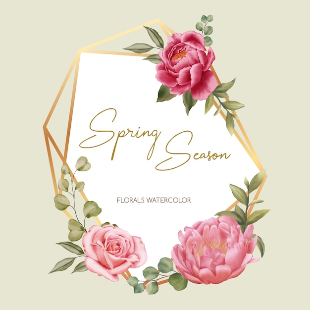Cadre doré saison printemps du modèle d'invitation de mariage avec peoni rouge et ornement rose rose