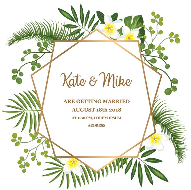 Vecteur cadre élégant invitation de mariage avec des feuilles tropicales