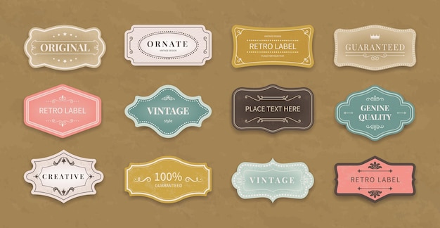 Cadre d'étiquette Design de bordure rétro Motif fleuri orné Signage vintage Elements d'autocollant de logo avec décor et ruban Carte de garantie de qualité Set de balises Art déco Collection de modèles vectoriels