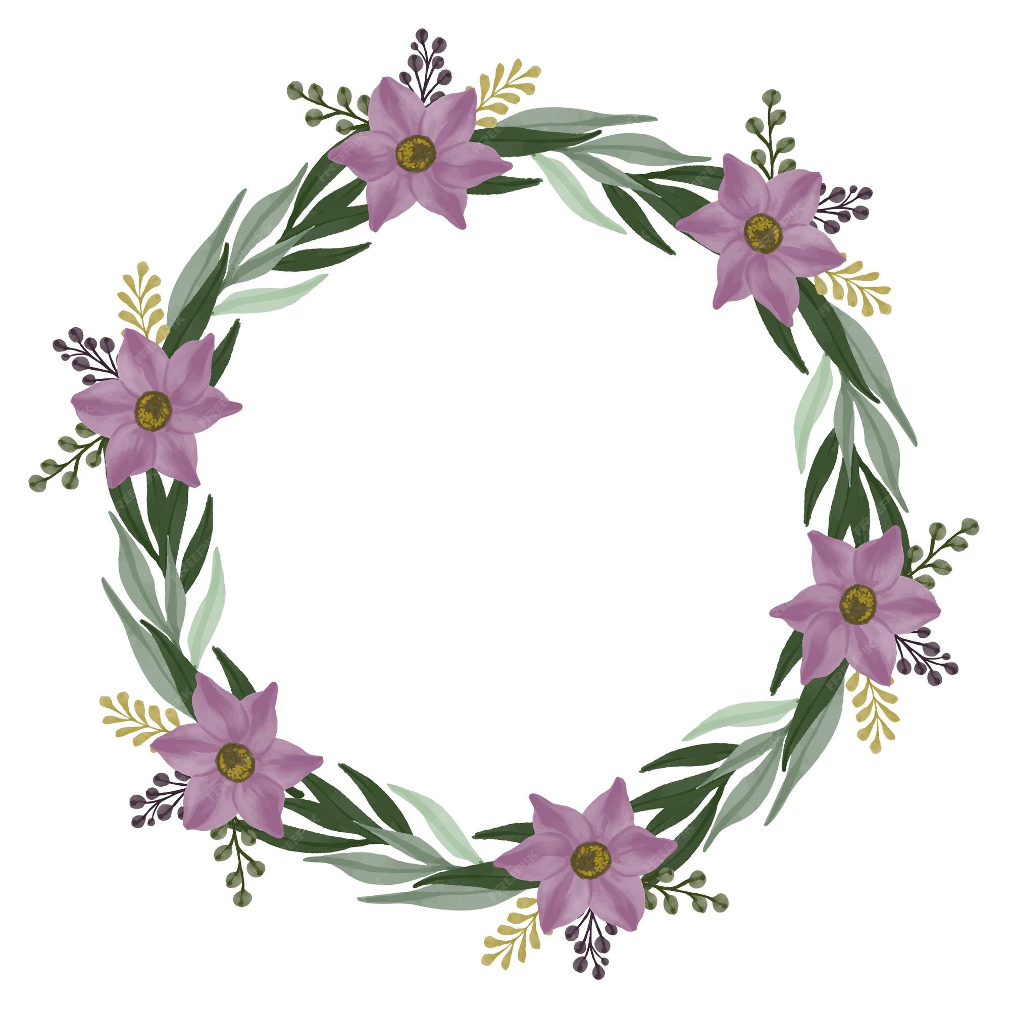 Cadre De Feuille Verte Avec Bordure De Fleurs Violettes Couronne Violette |  Vecteur Premium