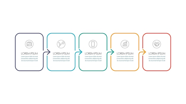 Cadre de fine ligne infographique avec illustration vectorielle de cinq étapes modèle carré