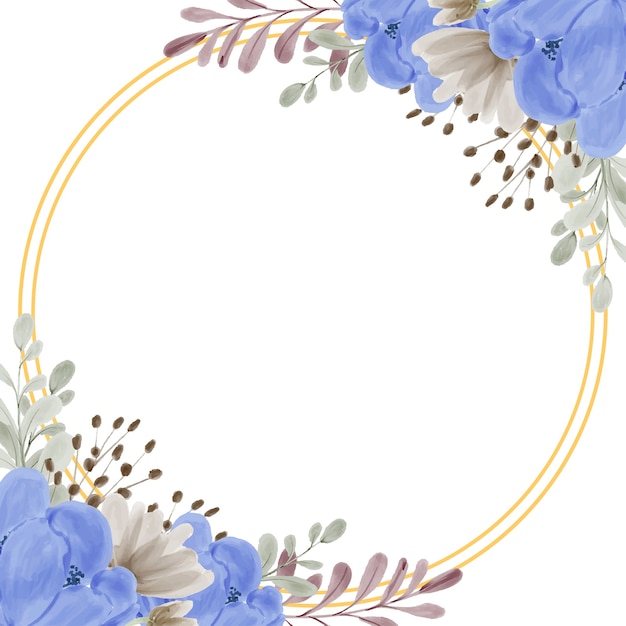 Cadre De Fleur Aquarelle Pivoine Bleue Avec Cercle Doré