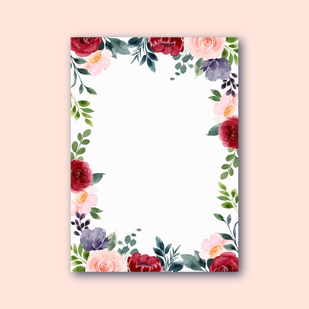 Cadre fleur rose rose rouge avec aquarelle