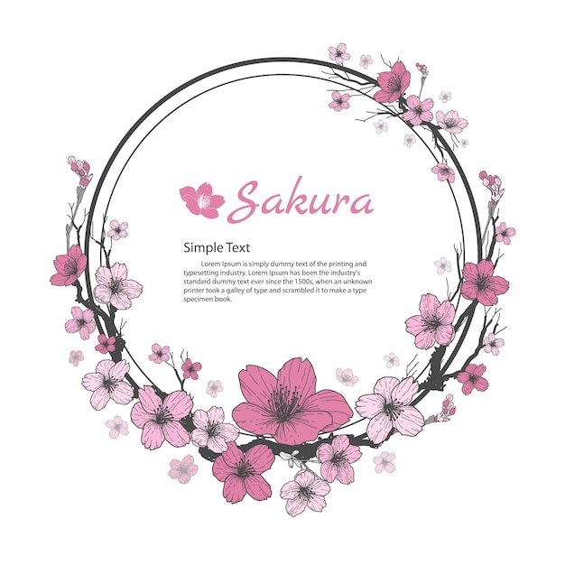 Cadre de fleur de Sakura. Dessin et croquis sur fond blanc.