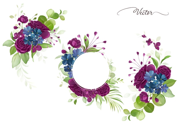 Cadre Floral Aquarelle Et éléments D'arrangements De Roses Violettes