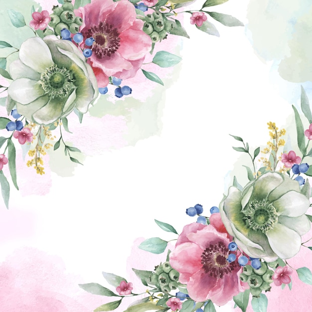 Cadre Floral Aquarelle Avec Des Fleurs D'anémone