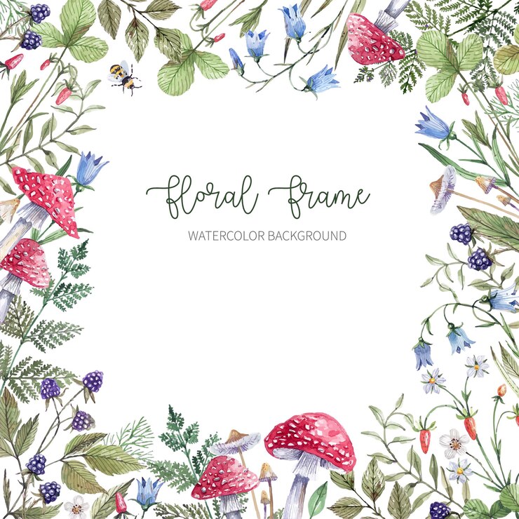 Cadre floral et aquarelle avec des fleurs de jacinthe des bois dessinées à la main, des fraises des bois, de l'amanite