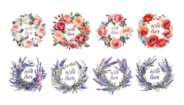 Un cadre floral à l'aquarelle vintage avec de la calligraphie avec de l'amour