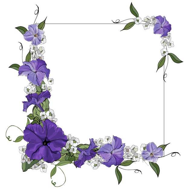 Vecteur cadre floral avec de beaux pétunias de fleurs violettes.