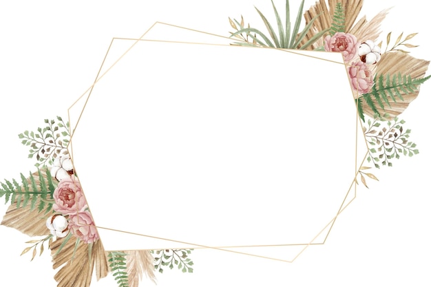 Cadre floral bohème avec pivoines, fougère, pampa et feuilles sèches