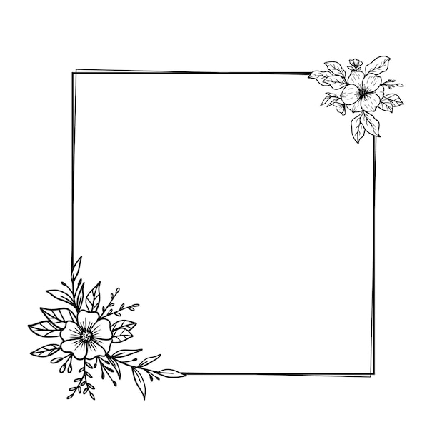 Cadre Floral Carré Simple Avec Des Feuilles Et Des Fleurs Dessinées à La Main