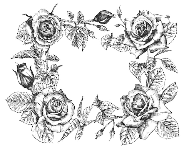 Cadre floral Croquis dessiné à la main de feuilles et de branches de roses Illustration botanique vintage détaillée