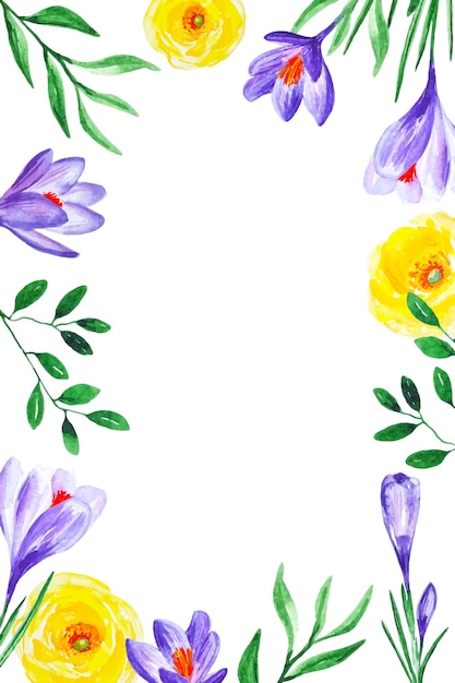 Cadre floral de fleurs de printemps aquarelle pour salutation et invitations avec crocus, renoncules